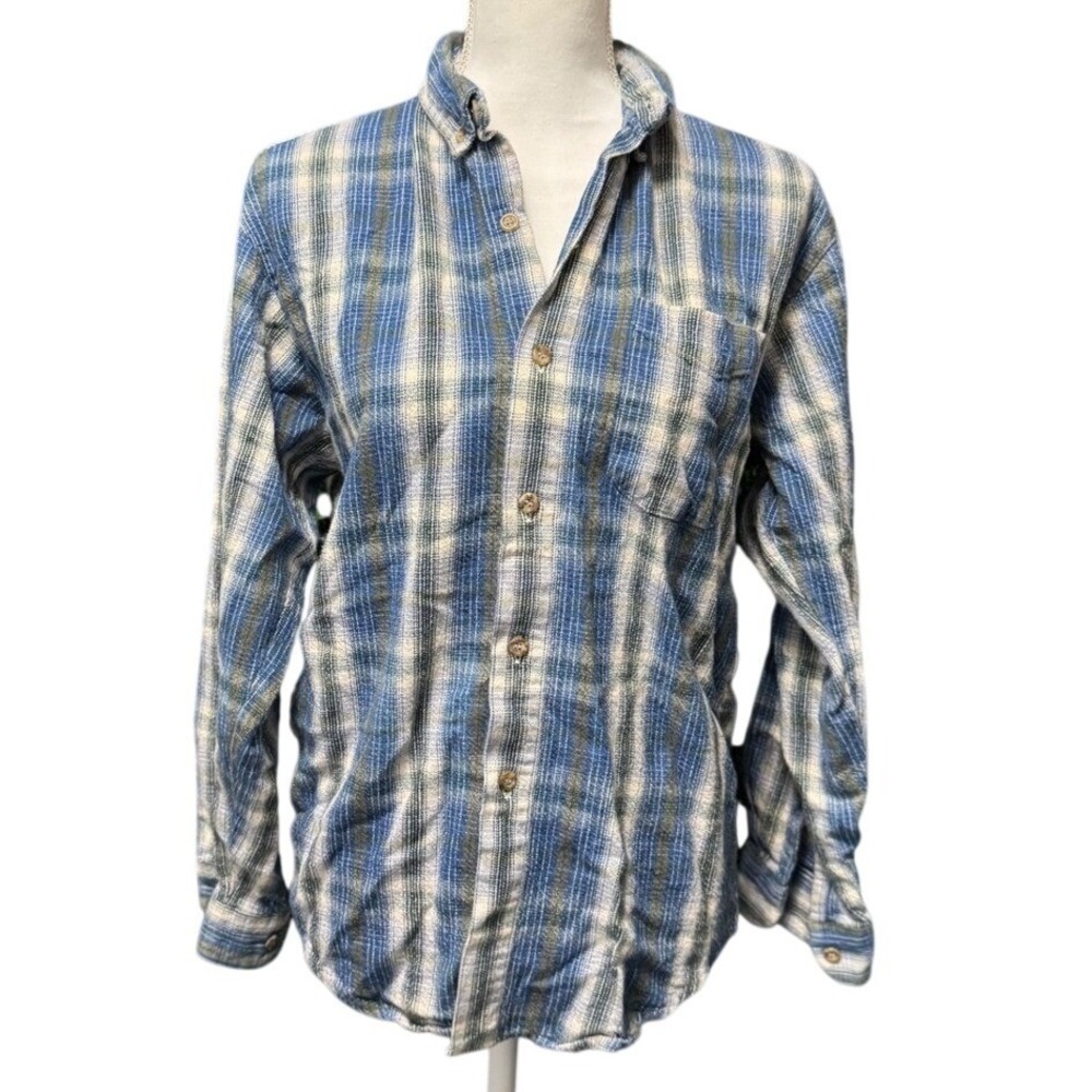 Bon Homme Mens Blue Green Plaid Button‎ Up Shirt Long Sleeve Cotton Size L